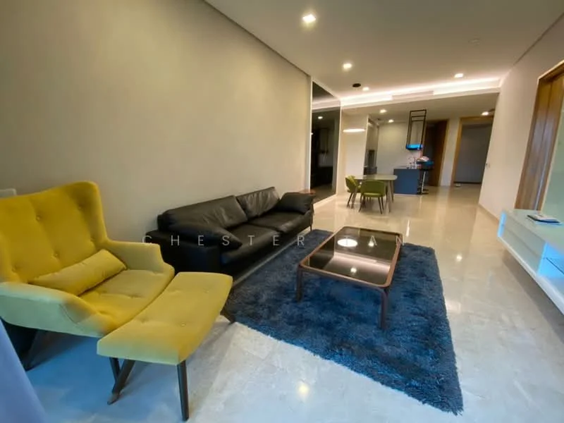 Living features: black leather sofa, yellow upholstered armchair, glass coffee table, blue area rug, marble flooring, recessed lighting, neutral painted walls, open layout to kitchen, wall-mounted TV unit; style: modern.