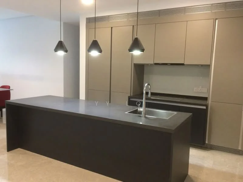 Kitchen features: kitchen island with dark countertop, single-bowl stainless-steel sink, chrome pull-down faucet, grey cabinetry with flat-panel doors, recessed downlights, pendant lights above island, built-in oven, built-in microwave, ceramic tile flooring, neutral wall colour, open layout, modern design; style: modern.