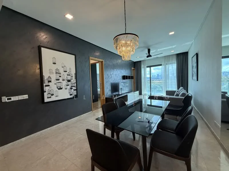 Living features: black accent wall, light grey walls, marble tile flooring, 5-blade ceiling fan with light, chandelier, large windows with city view, glass dining table, black upholstered dining chairs, TV console, wall-mounted TV, decorative artwork; style: modern; view: city.