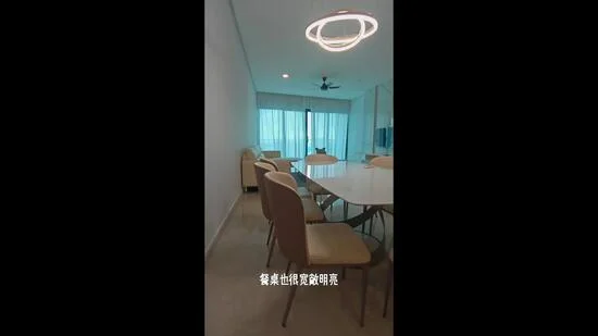 Dining features: round dining table, upholstered dining chairs, 5-blade ceiling fan with light, large windows with sheer curtains, neutral wall colour, marble flooring, decorative light fixture; style: modern.