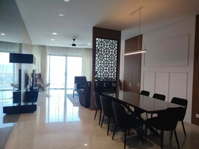 Dining features: 6-seater dining table, black upholstered dining chairs, pendant light, marble flooring, floor-to-ceiling windows, view of city skyline, decorative partition wall, ceiling fan; style: modern; view: city. Living features: sofa, TV console, wall-mounted TV, marble flooring, floor-to-ceiling windows, view of city skyline, decorative partition wall, ceiling fan; style: modern; view: city.
