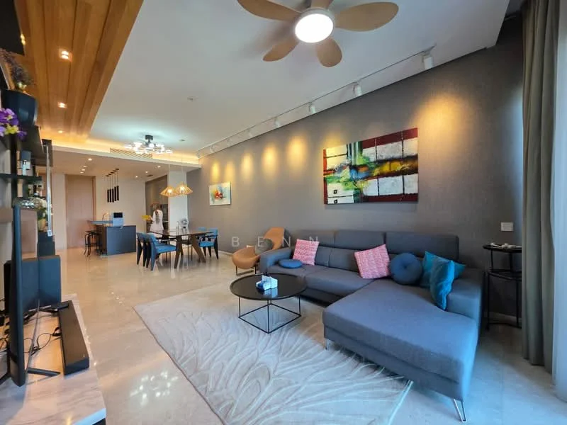 Living features: L-shape sectional sofa in grey, coffee table, area rug with geometric pattern, wall-mounted TV, entertainment unit, decorative artwork on wall, ceiling fan with light, recessed downlights, curtains, wooden ceiling with recessed lighting; style: modern.