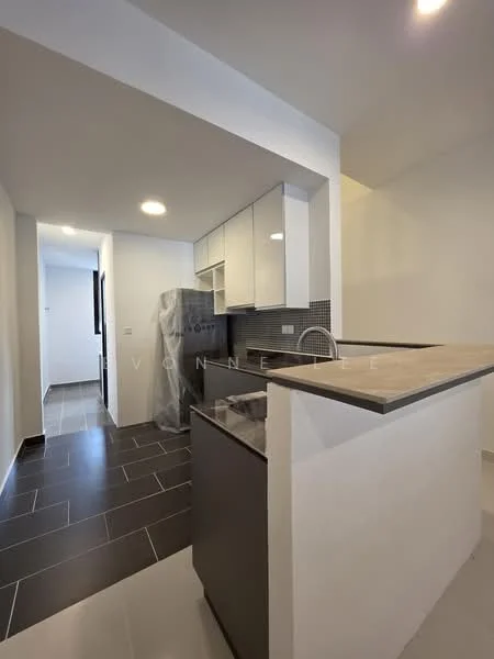 Kitchen features: grey cabinetry, white countertop, stainless-steel sink, chrome faucet, black tile backsplash, black floor tiles, recessed downlights, open layout, kitchen island, appliance wrap, wall-mounted cabinets; style: modern. Room features: white walls, grey floor tiles, doorway leading to hallway, natural light from window.