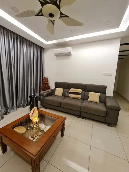 Living features: 3-seater fabric sofa in grey, coffee table with glass top and wooden base, decorative items on coffee table, floor-to-ceiling curtains in grey, recessed ceiling lights, 5-blade ceiling fan with light, wall-mounted split AC, cream painted walls, tile flooring; style: modern.