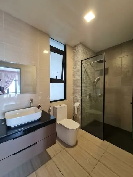 Bathroom features: single-sink vanity with black countertop, white ceramic basin, chrome basin mixer faucet, large framed mirror, one-piece toilet, walk-in shower with glass enclosure, rain shower head, grey tile cladding on walls, light-colored tile flooring, window for natural light, towel rail, toilet paper holder; style: modern.