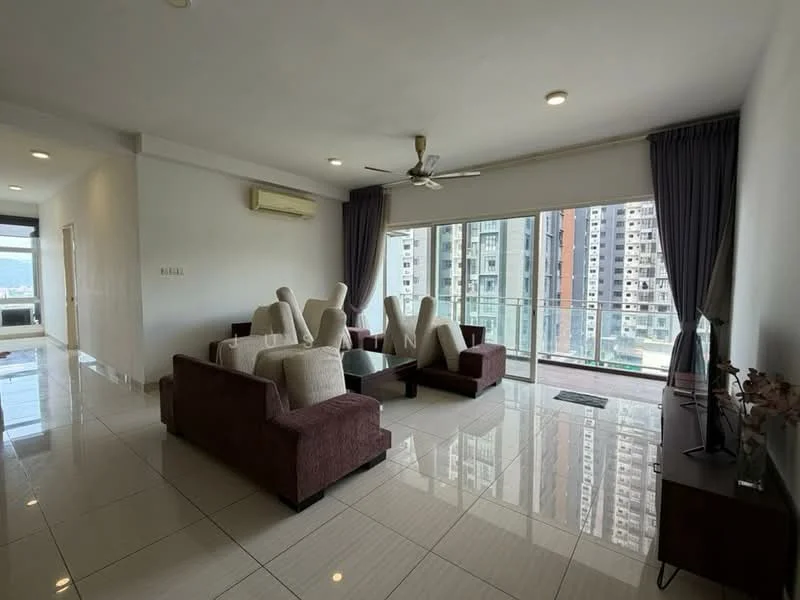 Living features: 3-seater fabric sofa in dark purple, 2-seater fabric sofa in dark purple, coffee table, TV console, wall-mounted TV, floor-to-ceiling windows, sliding glass door, curtains, ceiling fan, recessed downlights, polished tile flooring, decorative plant in ceramic pot, view of city skyline; style: modern; view: city.
