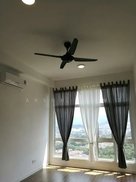 Room features: white painted walls, laminate flooring, 5-blade ceiling fan, floor-to-ceiling windows, sheer curtains, blackout curtains, wall-mounted split AC, city view; style: modern; view: city.