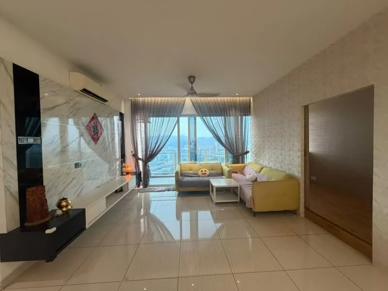 Living features: cream painted walls, white marble feature wall, floor-to-ceiling windows, grey sheer curtains, 5-blade ceiling fan with light, white tiled flooring, yellow fabric sofa, blue fabric sofa, white coffee table, decorative wall art, TV console, area rug; style: modern; view: city.