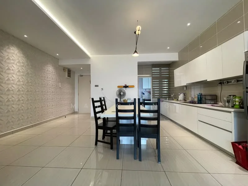 Dining features: white painted walls, textured accent wall with geometric pattern, glossy tile flooring, 6-seater dining table, black wooden dining chairs, pendant light fixture, recessed downlights, built-in cabinetry, stainless-steel fridge, kitchen countertop with storage, kitchen appliances visible, fan, open layout to kitchen; style: modern.
