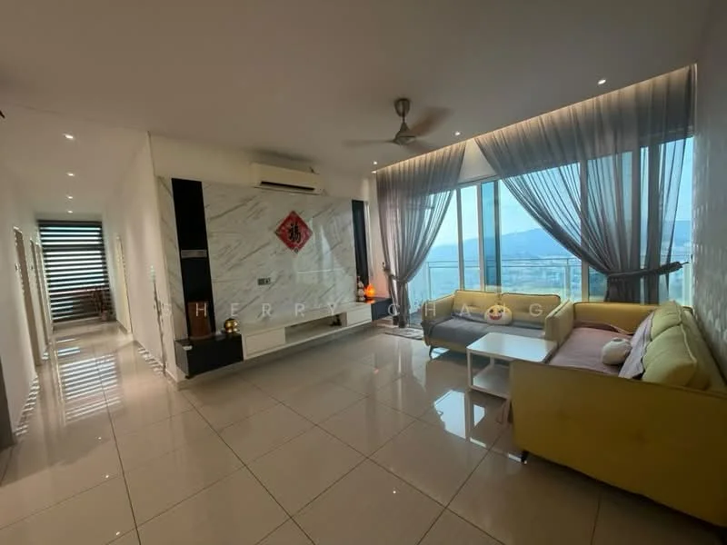 Living features: large floor-to-ceiling windows, grey marble accent wall, white painted walls, glossy ceramic tile flooring, sofa in yellow fabric, coffee table, ceiling fan with light, sheer curtains, decorative wall art, open layout, view of the city, recessed lighting; style: modern; view: city.