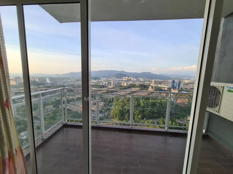 Room features: floor-to-ceiling windows, glass balcony railing, city skyline view, mountain view, sliding glass door, grey tiled flooring, curtains with floral pattern, air conditioning unit; style: modern; view: city.