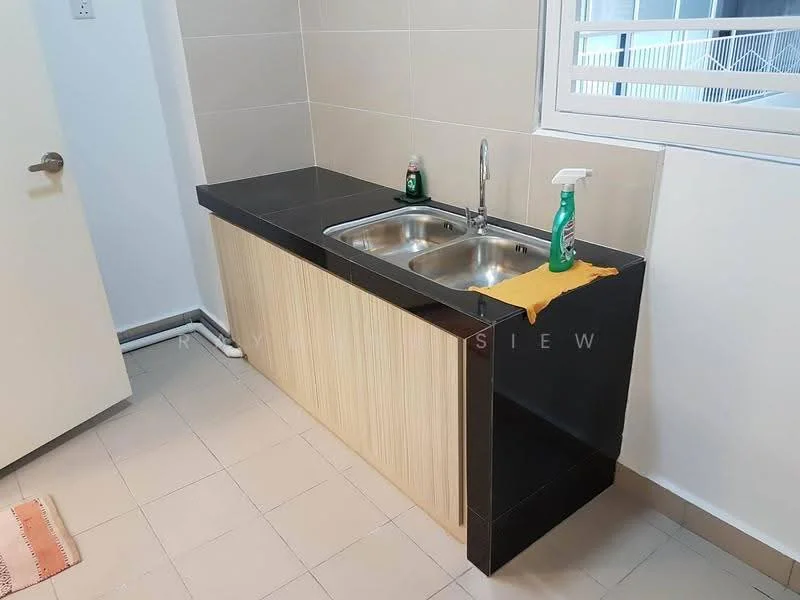 Kitchen features: double-bowl stainless-steel sink, chrome pull-down faucet, black countertop, wood cabinetry, light-colored wall tiles, white walls, floor tiles, dish soap bottle, cleaning spray bottle; style: modern.