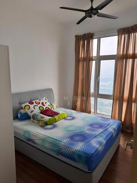 Bedroom features: queen-size bed, upholstered headboard, decorative pillows, light wood flooring, floor-to-ceiling windows, sheer curtains, ceiling fan, wall-mounted artwork, nightstand, lamp; style: modern; view: city.