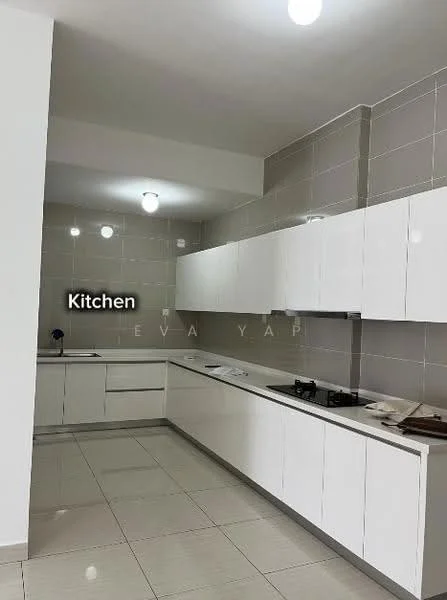 Kitchen features: white flat-panel cabinets, grey tiled backsplash, stainless-steel gas hob, single-bowl stainless-steel sink, chrome pull-down faucet, white countertop, recessed ceiling lights, ceramic tile flooring, wall-mounted cabinets, open shelving, built-in oven, kitchen island, neutral wall color; style: modern.