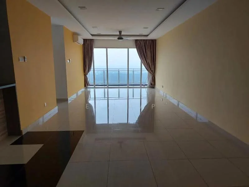 Living features: large floor-to-ceiling windows, sliding glass door, cream painted walls, white ceiling, recessed downlights, 5-blade ceiling fan, glossy ceramic tile flooring, curtains, open layout, view of the city skyline; style: modern; view: city.