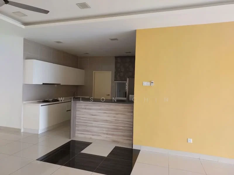 Kitchen features: white cabinetry, wooden countertop, stainless-steel gas hob, built-in oven, double-bowl stainless-steel sink, chrome pull-down faucet, white tiled backsplash, cream painted walls, large floor tiles, recessed downlights, ceiling fan; style: modern. Living features: open layout, cream painted walls, large floor tiles, recessed downlights, ceiling fan; style: modern.