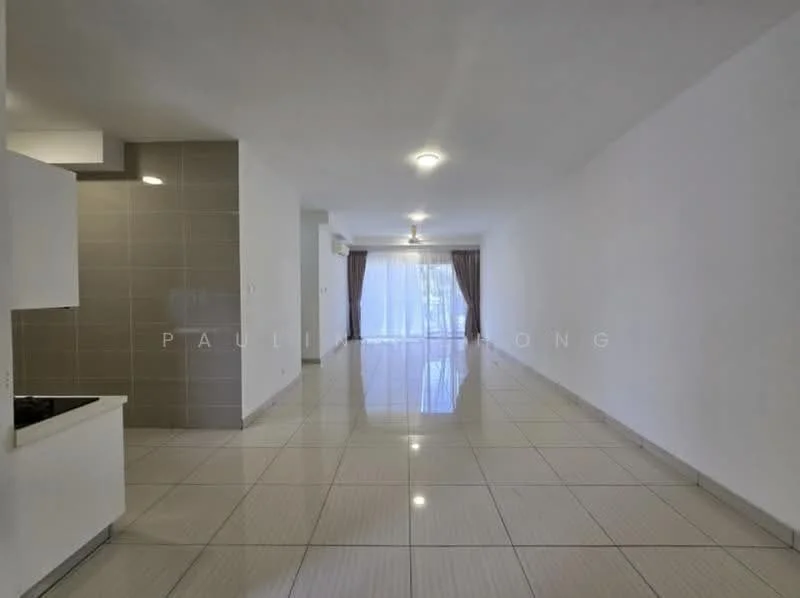 Living features: white painted walls, glossy tile flooring, recessed downlights, large windows with sheer curtains, open layout, air conditioning unit, neutral color scheme, sliding glass door leading to balcony; style: modern. Kitchen features: white cabinetry, black countertop, built-in stove, tile backsplash, open layout to living area; style: modern.