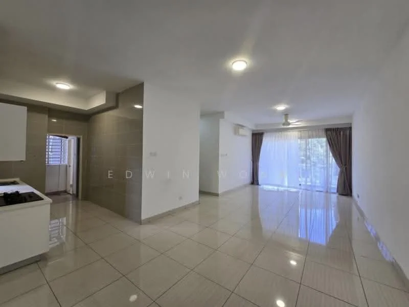 Living features: glossy tile flooring, white painted walls, recessed downlights, 5-blade ceiling fan, floor-to-ceiling windows, sheer curtains, sliding glass door, natural light, open layout, neutral color scheme; style: modern; view: garden. Kitchen features: white cabinetry, stainless-steel gas hob, white backsplash, countertop with overhang, open to living area; style: modern.