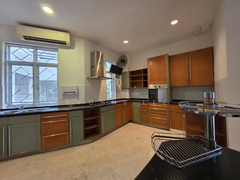 Kitchen features: L-shaped kitchen layout, black granite countertop, green and brown cabinetry, stainless-steel range hood, built-in oven, freestanding range oven, single-bowl stainless-steel sink, chrome pull-down faucet, window with grid pattern, tile flooring, recessed downlights, wall-mounted split AC; style: modern.