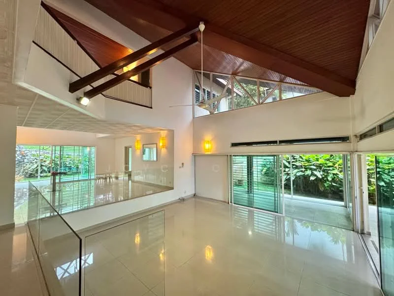 Living features: high ceiling with exposed beams, large glass sliding doors, floor-to-ceiling windows, cream tiled flooring, recessed lighting, ceiling fan, decorative wall sconces, greenery view from windows, open layout, glass railing, natural light flooding in; style: modern; view: garden.