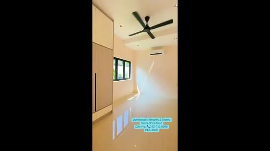 Room features: cream painted walls, glossy tile flooring, 5-blade ceiling fan, wall-mounted split AC, floor-to-ceiling windows, built-in cabinetry, recessed downlights; style: modern; view: garden.