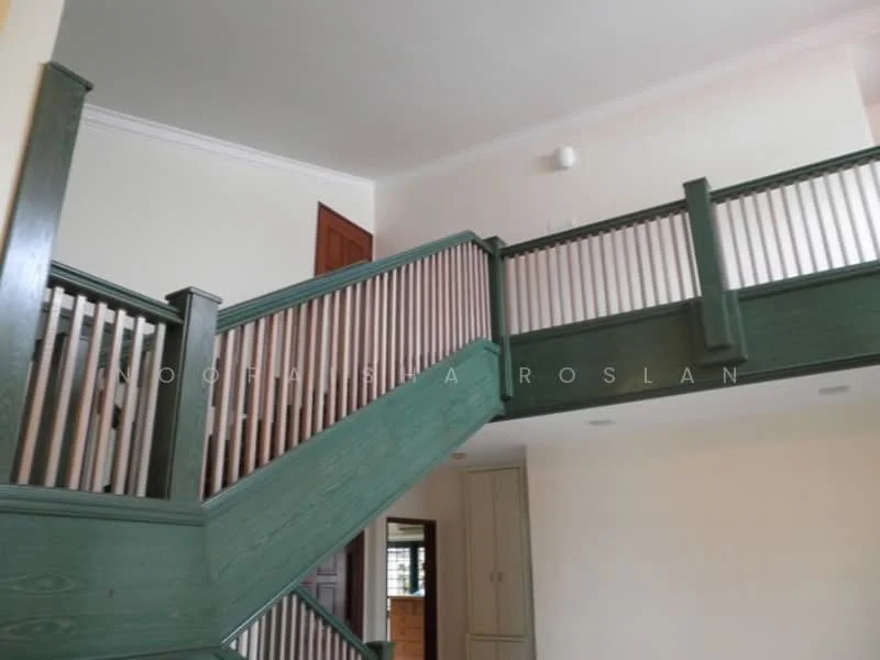 Room features: wooden staircase with green railing, white painted walls, ceiling lights, wooden door, built-in cabinets, open space layout; style: modern.