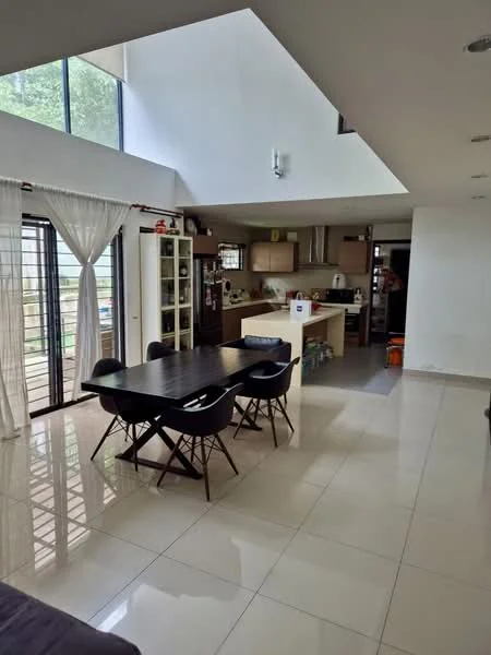 Living features: large floor-to-ceiling windows, white painted walls, polished ceramic tile flooring, recessed downlights, dining table with black chairs, open kitchen layout, kitchen island, glass display cabinet, curtains, exposed ceiling, kitchen appliances visible; style: modern; view: garden.