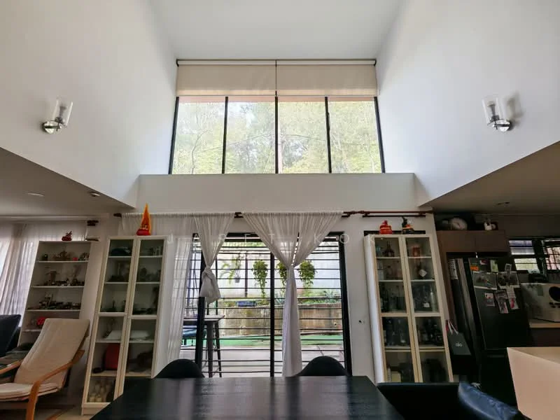 Living features: large floor-to-ceiling windows, white painted walls, high ceiling, recessed downlights, light-colored wooden flooring, black dining table, glass display cabinets, sheer curtains, black refrigerator, decorative items on shelves, greenery visible outside; style: modern; view: garden.