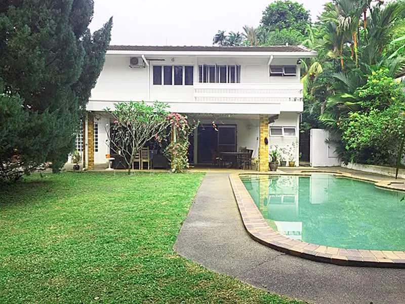 Exterior type: detached bungalow; features: swimming pool, manicured lawn, mature trees, landscaped garden, patio area, exposed brick facade, white painted facade, two-storey structure, sliding glass door, outdoor seating area, garden pathway; style: modern.