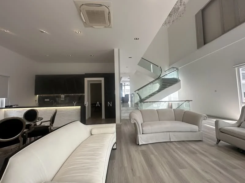 Living features: white fabric sofa, 2-seater sofa, 3-seater sofa, wooden flooring, recessed downlights, ceiling-mounted air conditioning unit, open layout, glass staircase, large windows, neutral wall color, decorative ceiling detail; style: modern. Dining features: round dining table, upholstered dining chairs, dark cabinetry, backlit bar area; style: modern.