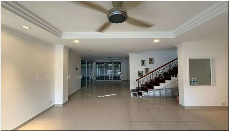 Living features: white painted walls, polished floor tiles, 5-blade ceiling fan with light, recessed downlights, staircase with wooden railing, large windows, glass sliding doors, decorative wall frames; style: modern.