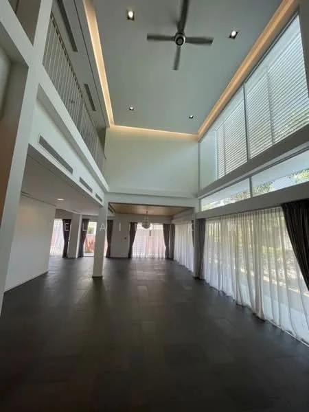 Living features: high ceiling, 5-blade ceiling fan with light, large floor-to-ceiling windows, sheer curtains, dark grey tiled flooring, recessed downlights, white painted walls, open layout, natural light, dining area adjacent; style: modern; view: garden.