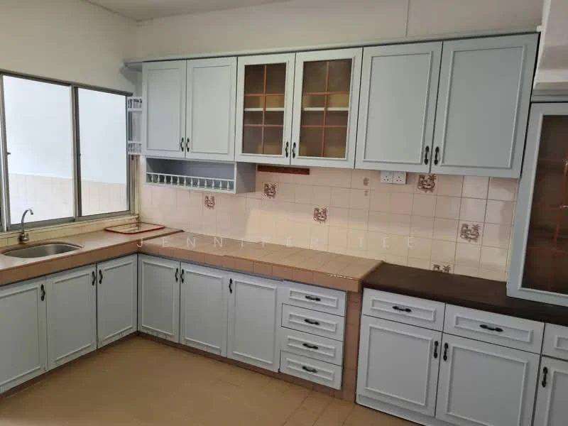 Kitchen features: light blue cabinetry, glass-front upper cabinets, wood countertop, ceramic tile backsplash, stainless-steel sink, chrome faucet, built-in oven, four-burner gas hob, tile flooring, window with view, multiple drawers, counter space; style: modern.
