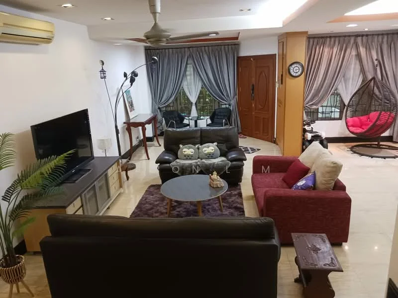 Living features: 3-seater leather sofa in black, 2-seater fabric sofa in red, round coffee table with dark wood finish, wall-mounted TV, TV console with storage, decorative wall lamp, ceiling fan with light, area rug with geometric pattern, large windows with sheer curtains, hanging chair in rattan, potted plant, wooden side table; style: contemporary; view: garden.