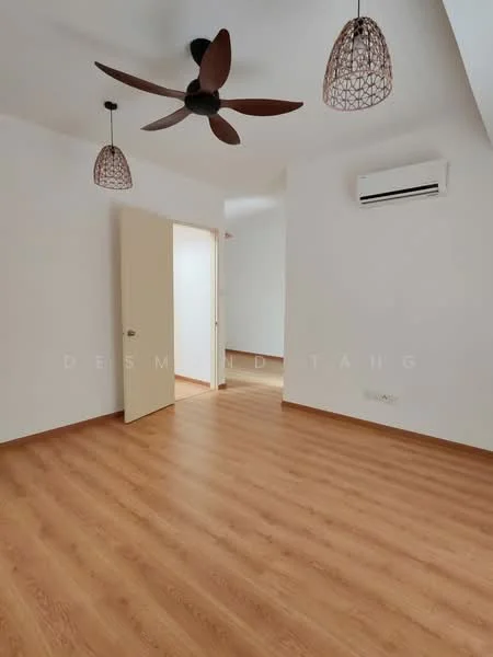 Room features: laminate flooring, white painted walls, 5-blade ceiling fan, 2 pendant lights with woven shades, wall-mounted split AC, door leading to another room, natural light from doorway; style: modern.