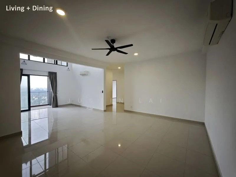 Living features: white painted walls, glossy ceramic tile flooring, 5-blade ceiling fan with light, floor-to-ceiling windows, sliding glass door, air conditioning unit, open layout, natural light from large windows, neutral color scheme; style: modern; view: city.