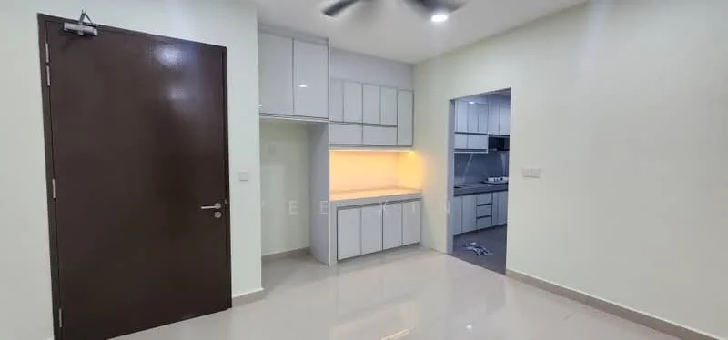 Room features: white painted walls, glossy tile flooring, built-in cabinetry with upper and lower storage, under-cabinet lighting, ceiling fan, open layout, door to adjacent room, neutral color scheme; style: modern.