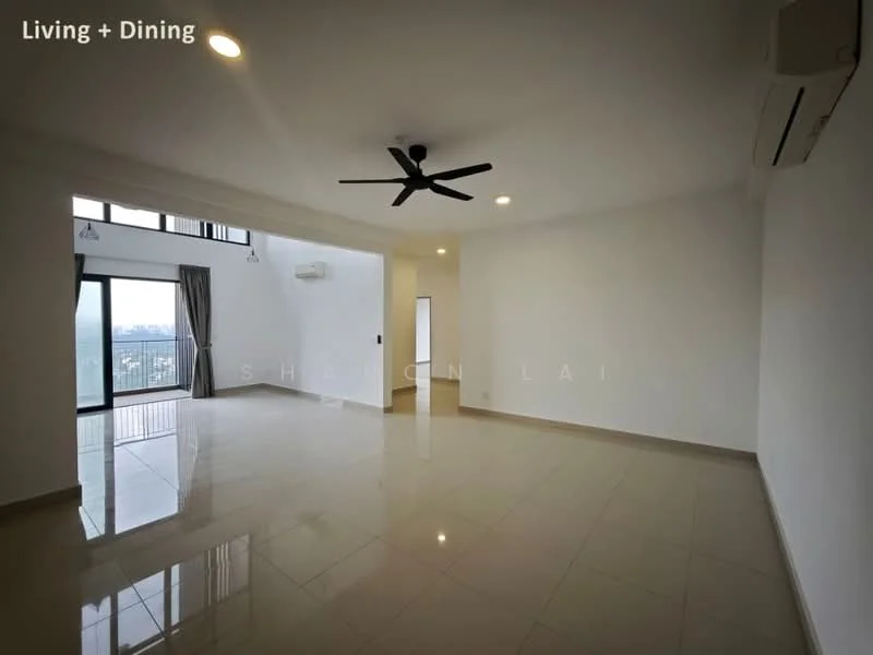 Living features: white painted walls, glossy ceramic tile flooring, 5-blade ceiling fan with light, floor-to-ceiling windows, sliding glass door, curtains, air conditioning unit, open layout, natural light, neutral color scheme; style: modern; view: city.
