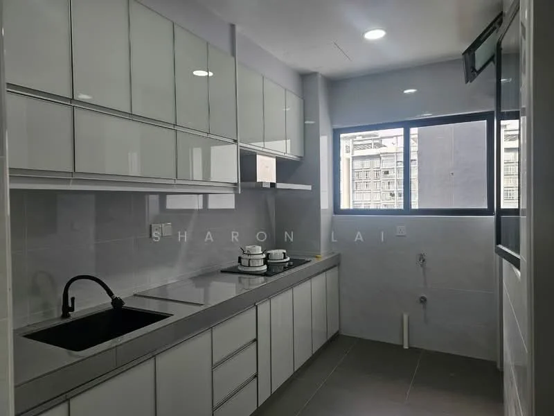 Kitchen features: white shaker cabinets, black countertop, single-bowl stainless-steel sink, chrome pull-down faucet, built-in oven, stainless-steel stove, ceramic tile flooring, recessed downlights, window with city view, grey tiled backsplash; style: modern; view: city.