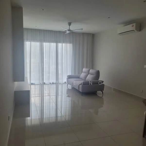 Living features: grey fabric 2-seater sofa, floor-to-ceiling windows, sheer curtains, white painted walls, polished ceramic tile flooring, 5-blade ceiling fan, wall-mounted air conditioning unit, built-in shelving unit; style: modern.