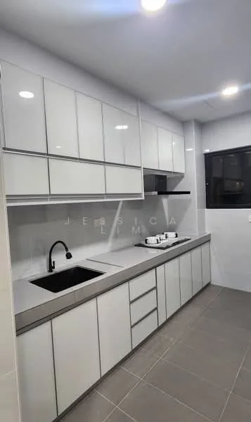 Kitchen features: white flat-panel cabinets, black single-bowl sink, chrome pull-down faucet, grey countertop, grey tile backsplash, built-in oven, stainless-steel range hood, 4-burner gas hob, recessed LED downlights, grey tile flooring, floor-to-ceiling cabinets, window with black frame; style: modern.