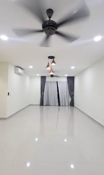 Living features: white painted walls, polished ceramic tile flooring, 5-blade ceiling fan with light, recessed LED downlights, pendant light fixtures, floor-to-ceiling windows with sheer curtains, air conditioning unit on wall; style: modern.