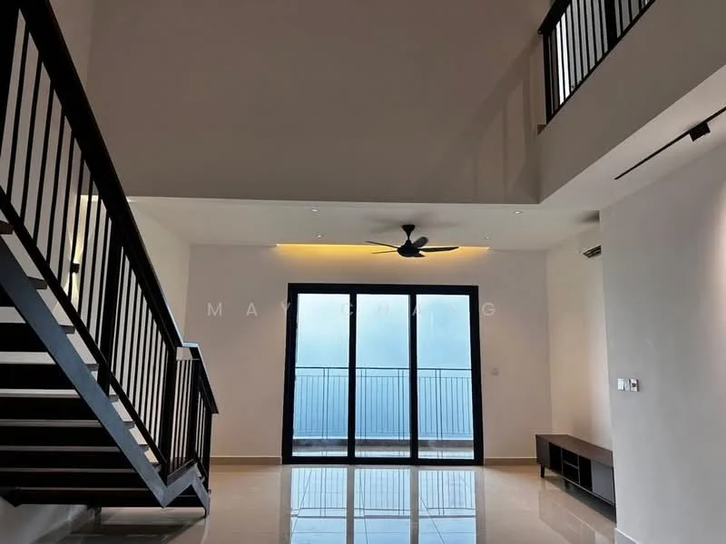 Living features: white painted walls, polished tile flooring, 5-blade ceiling fan with light, floor-to-ceiling sliding glass doors, black TV console, recessed downlights, open staircase with wooden railing, balcony view; style: modern; view: city.