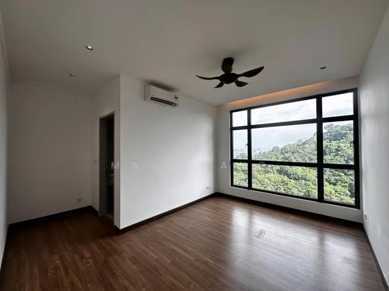 Bedroom features: wooden flooring, white painted walls, 5-blade ceiling fan, floor-to-ceiling windows, mountain view, wall-mounted split AC; style: modern; view: mountain.