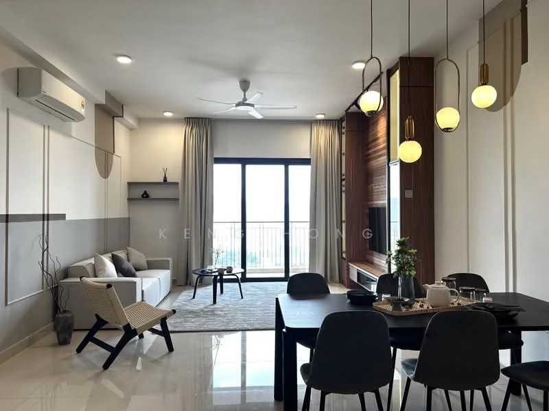 Living features: 5-blade ceiling fan with light, floor-to-ceiling windows, grey accent wall, white painted walls, polished tile flooring, L-shape sectional sofa in light grey, area rug with geometric pattern, wood feature wall, TV console, wall-mounted TV, decorative plants, dining table with black chairs, pendant lighting; style: modern; view: city.