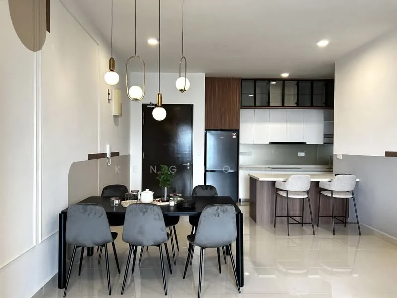 Dining features: 6-seater dining table, grey upholstered dining chairs, pendant lighting with multiple bulbs, white walls, cream accent wall, glossy tile flooring, built-in cabinetry, black refrigerator, open kitchen layout, bar stools at kitchen counter, kitchen island, modern decor; style: modern. Kitchen features: white upper cabinets, brown lower cabinets, stainless-steel sink, chrome faucet, countertop with space for appliances, built-in oven, microwave, open shelving; style: modern.