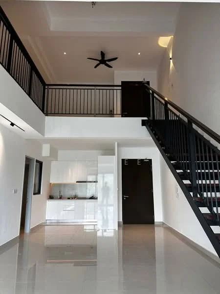Living features: white painted walls, polished tile flooring, 5-blade ceiling fan, recessed downlights, staircase with black railing, open-plan layout, kitchenette with white cabinetry, kitchen countertop, large windows for natural light; style: modern.