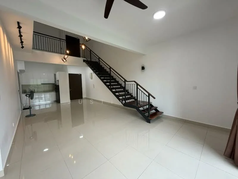 Living features: white painted walls, glossy ceramic tile flooring, 5-blade ceiling fan, recessed downlights, staircase with wooden steps and metal railing, large window for natural light, open layout, wall-mounted light fixtures; style: modern. Kitchen features: white cabinetry, stainless-steel fridge, built-in oven, ceramic tile flooring, open-plan layout with living area; style: modern.