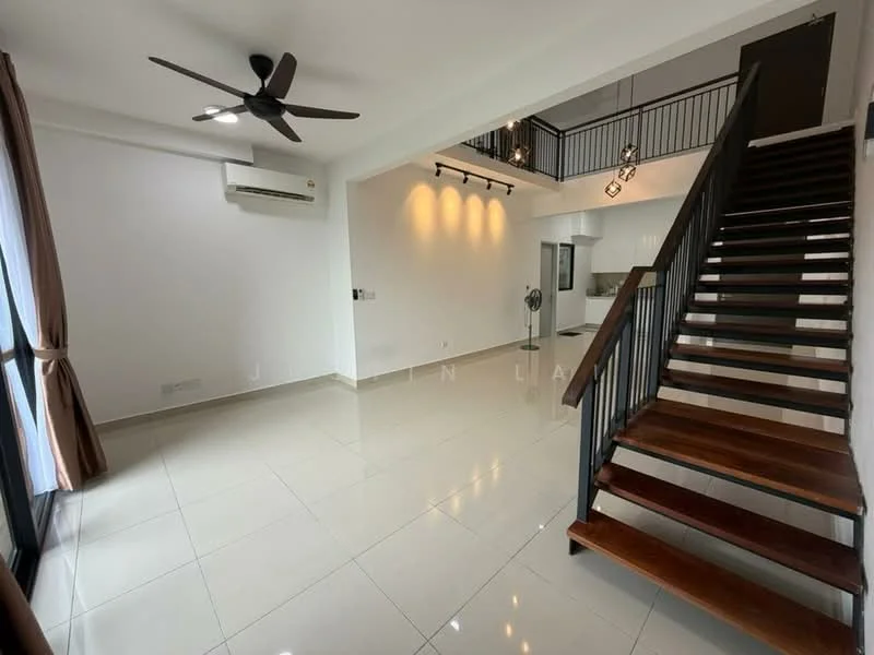 Living features: white painted walls, glossy ceramic tile flooring, 5-blade ceiling fan with light, floor-to-ceiling windows, curtains, staircase with wooden steps and metal railing, recessed downlights, air conditioning unit, wall-mounted fan; style: modern.