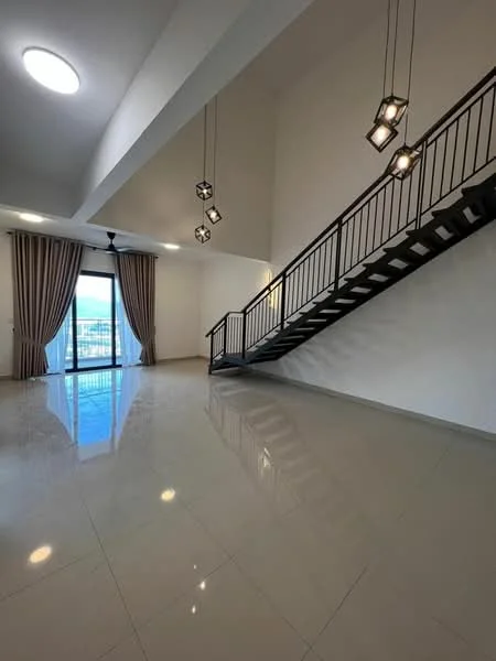Living features: polished ceramic tile flooring, white painted walls, high ceiling, recessed downlights, 3-blade ceiling fan, hanging pendant lights, floor-to-ceiling windows, sheer curtains, balcony door, staircase with metal railing; style: modern; view: city.